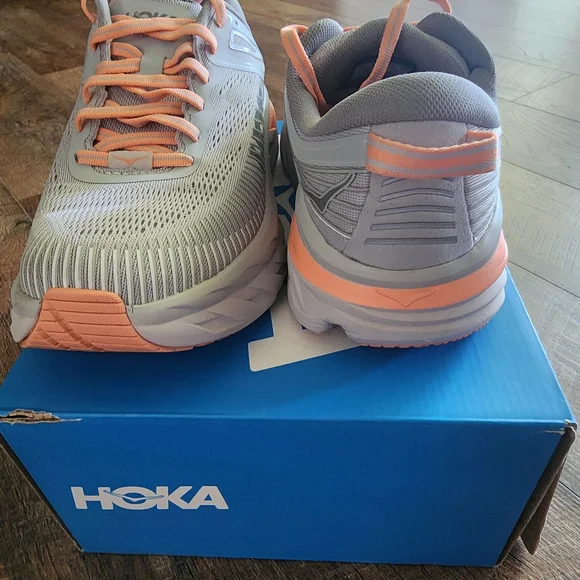 HOKA Women's Bondi 7 Running Shoes - Gray and Orange - Picture 3 of 7